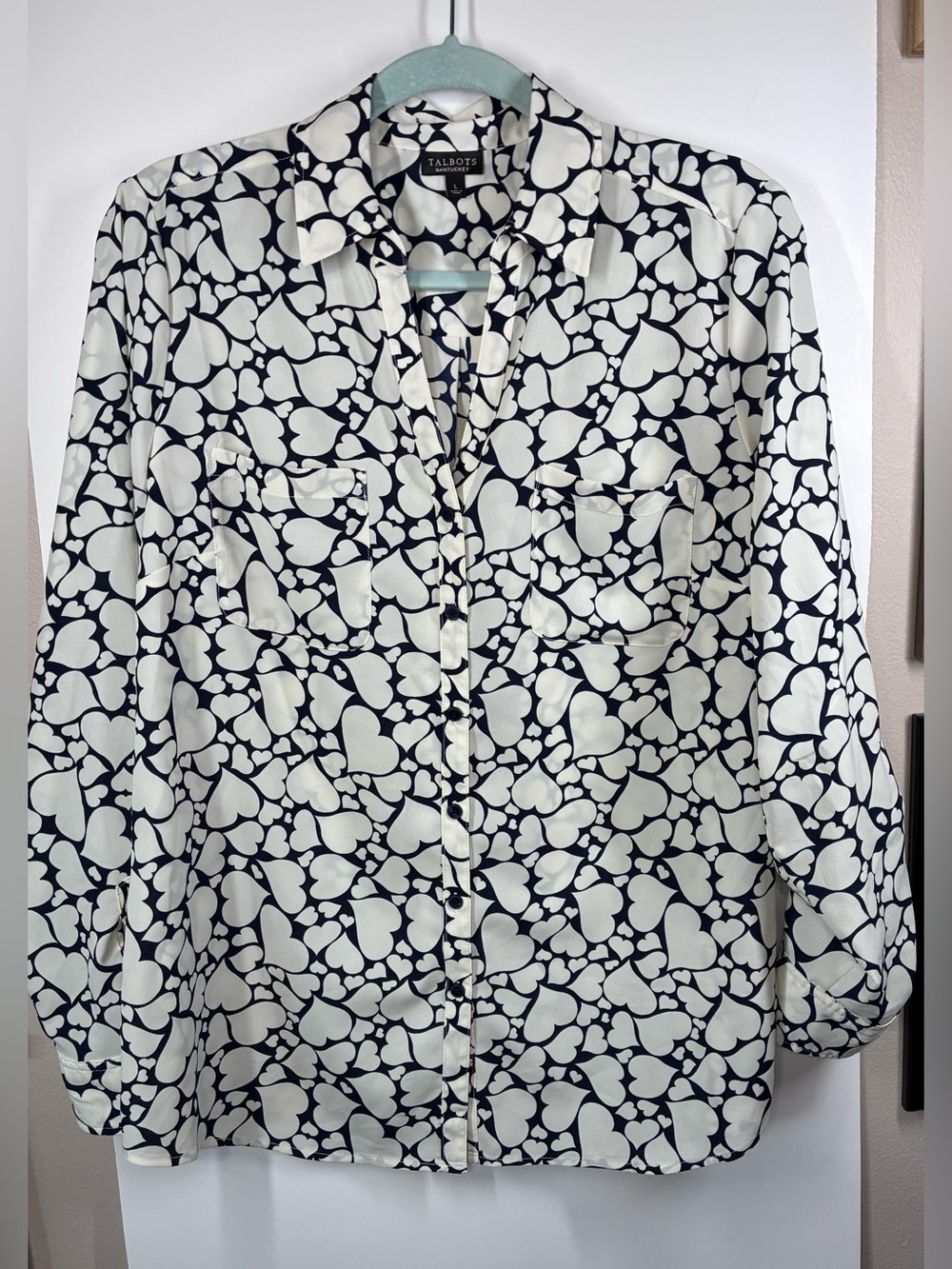 Talbots Nantucket Navy Ivory Heart Print Roll Tab Blouse Size Large